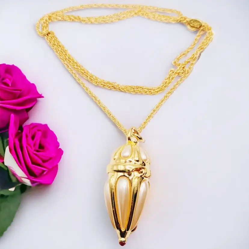 Chatelaine Poison Locket Casket Bottle Necklace by Joan Rivers Gold Plated Pearl