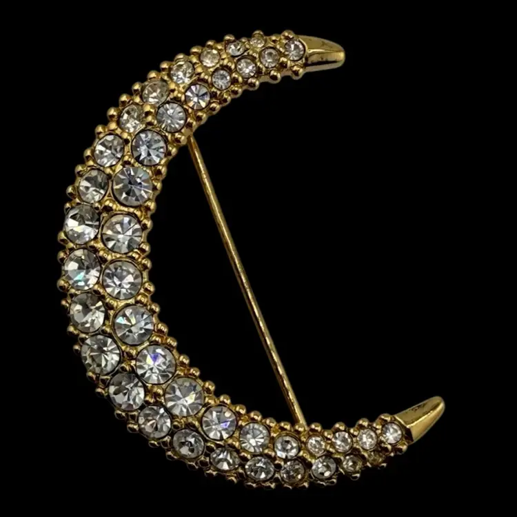 Swarovski Crystal Moon Gold Tone Brooch 1 1/2"