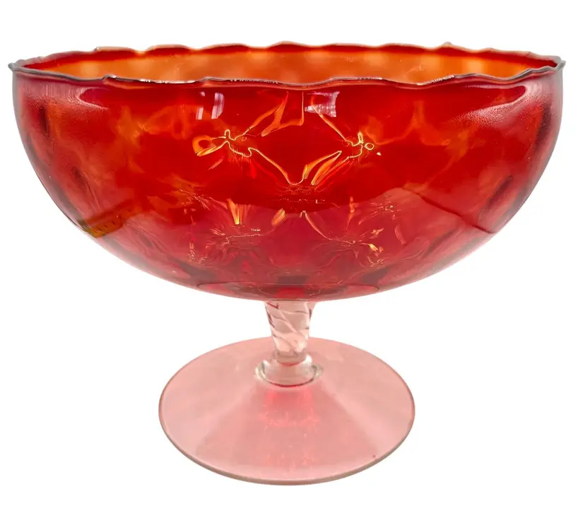 Empoli Glass Large Red Orange Diamond Optic Centerpiece Pedestal Bowl Candy Dish