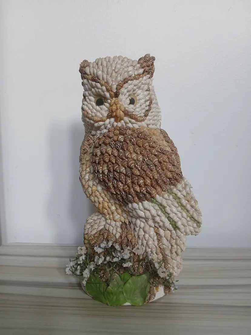 Vintage Seashell Owl Folk Art Sculpture Figurine 11"
