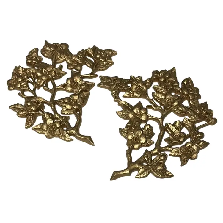 Vtg Set Of 2 Burwood Gold Tone Floral Dogwood Tree Blossom Branch Wall Hanging Decor Art