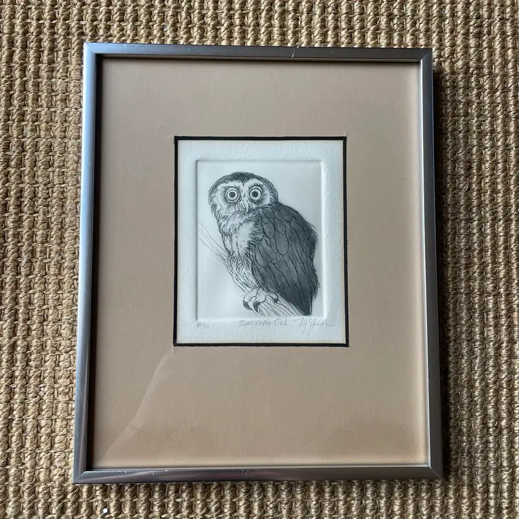 Vintage MCM Signed and Numbered “Speckled Owl” Etching by Christine McGinnis - MATTED and FRAMED! 