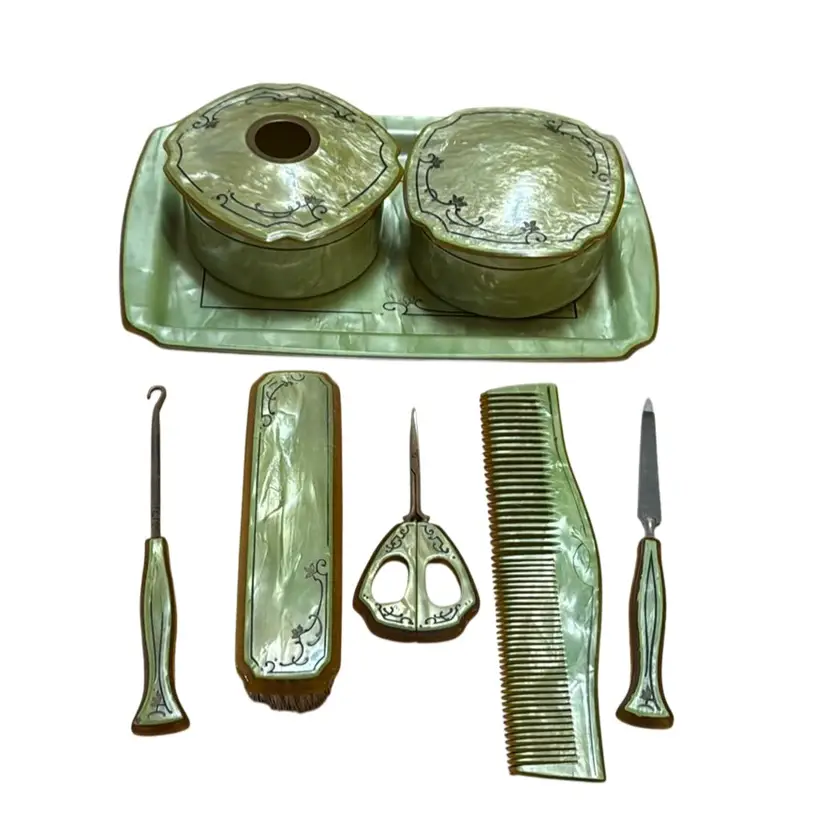 Absolutely Gorgeous Complete Art Deco Celluloid Vanity Set - 8 Pieces