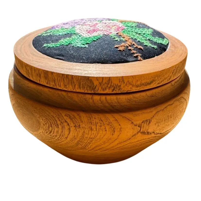 Gorgeous hand carved wooden bowl with embroidery floral top