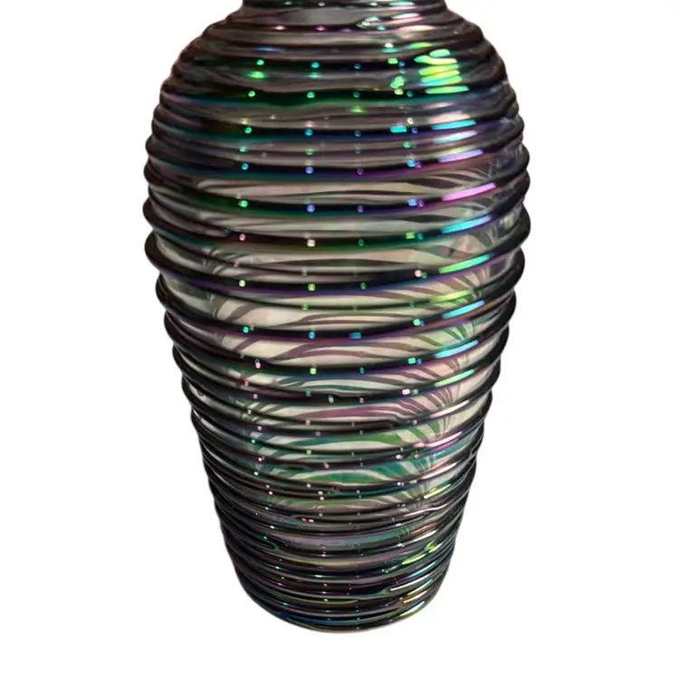 Iridescent Threaded German Made Heavy Glass Perfume Bottle - 6” Tall With Stopper