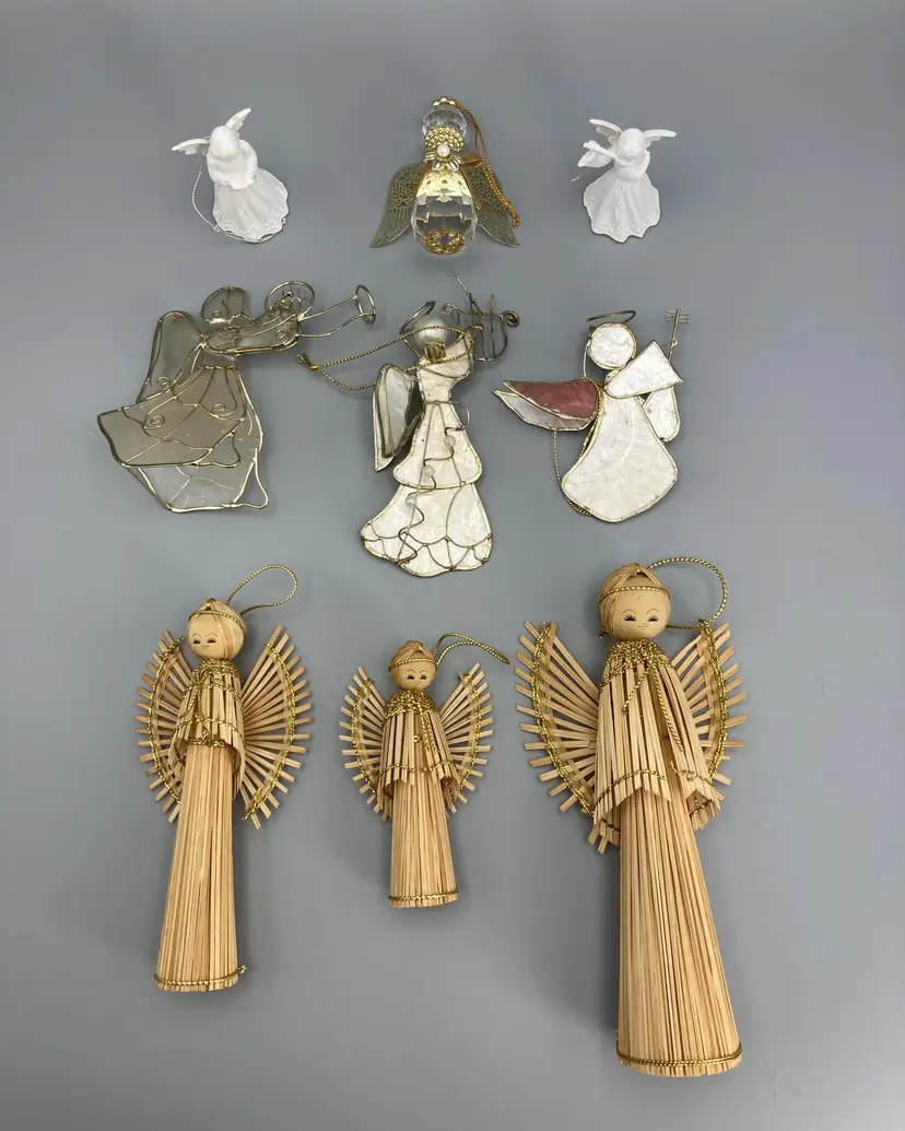 Vintage Lot of 9 Angel Christmas Ornaments - Wood, Plastic, Capiz Shell