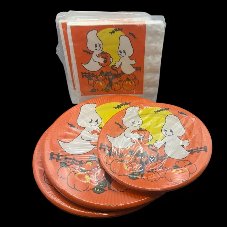 NOS Vintage Halloween Ghost Jack'o'lantern Black Cat Party Set