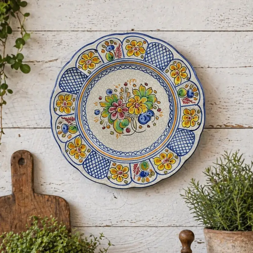 Vintage Hand Painted Plate Flowers Floral Lattice Wall Hanging Blue Yellow