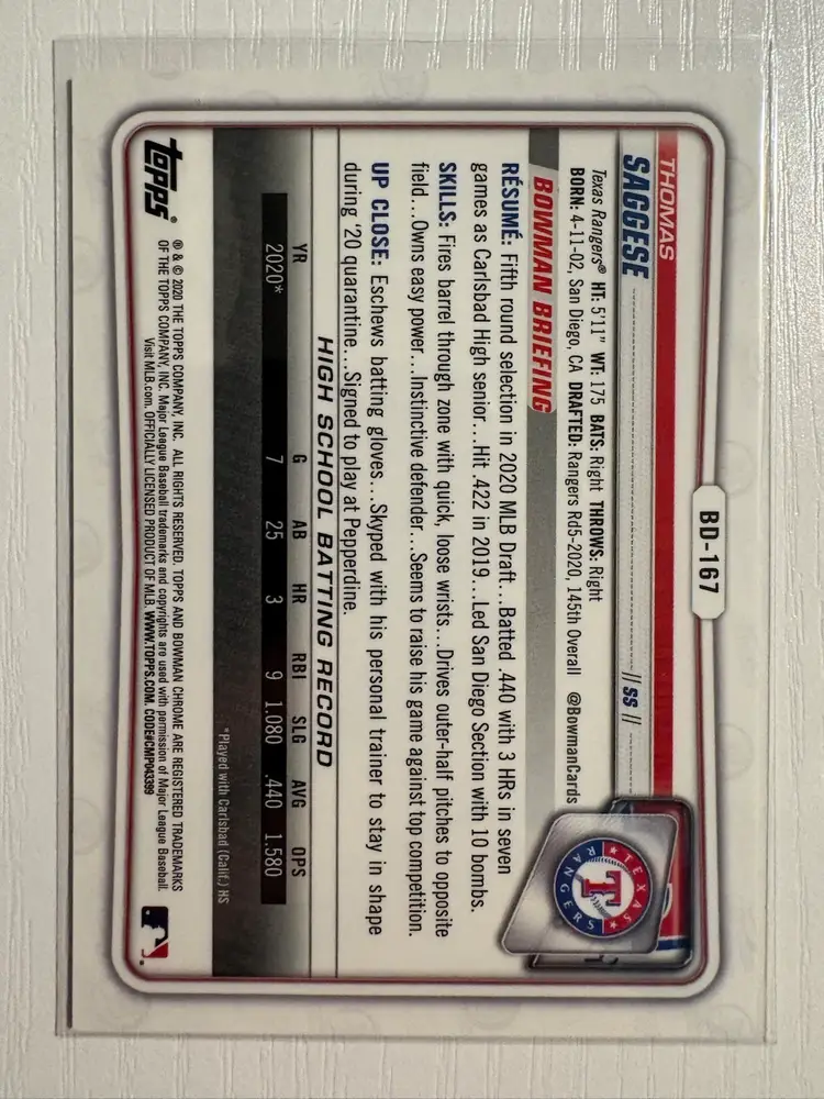 2020 Bowman Draft Sapphire Thomas Saggese 1st Bowman Yellow Refractor /99
Texas Rangers St. Louis Cardinals