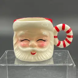 Smiling Santa Claus Mug Cup Candy Cane Handle Kitsch Kitschy Christmas VTG