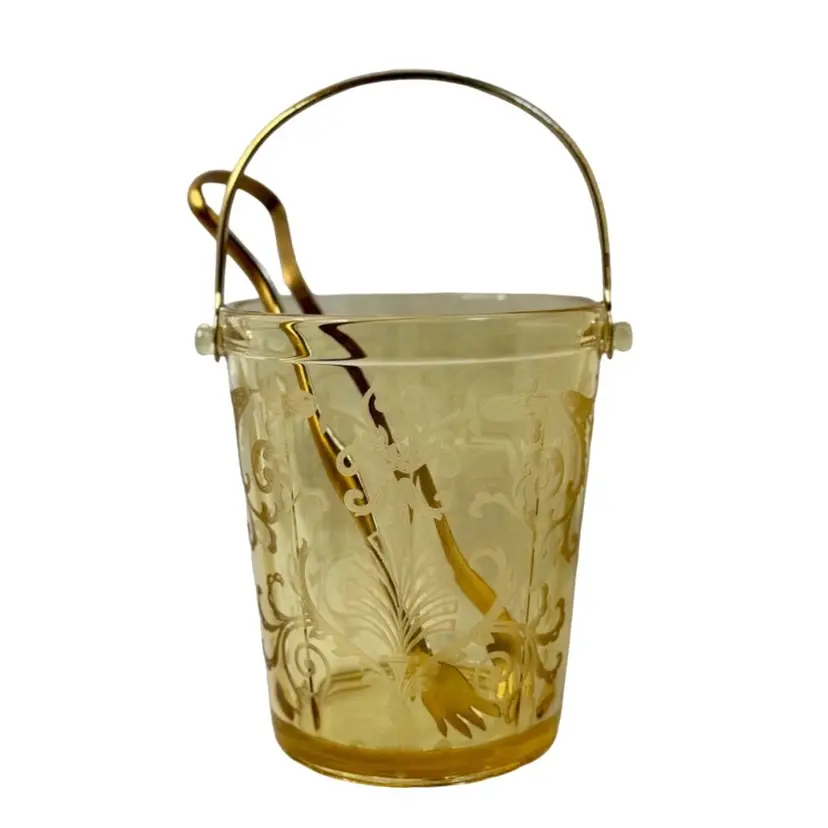 Vintage Fostoria? Ice Bucket Yellow Etched Versailles Pattern 6” Tall Gold Tone Metal Handle and Tongs Barware