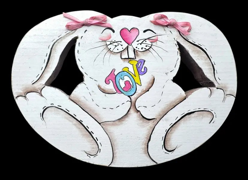 Hand Painted Wood Bunny Rabbit Figurine Easter Pastel Reversible Sunflower Love