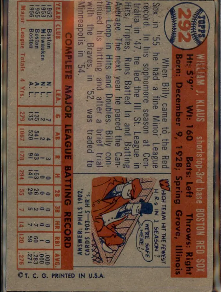 1957 Topps #292 Billy Klaus - (pk1) - Boston Red Sox