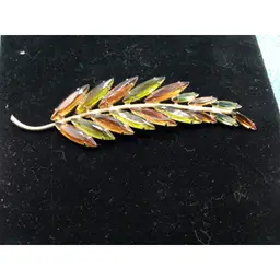 #01 Vintage Leaf-Shaped Brooch, Multicolored Marquise Crystals, Gold Tone, Pre-Owned