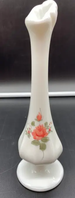 Fenton 8" Milk Glass Swung Vase With Coral Roses Hand Painted Signed