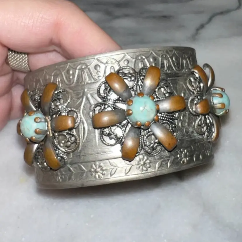 Vintage/Antique Silveroid Cuff Bracelet Faux Turquoise