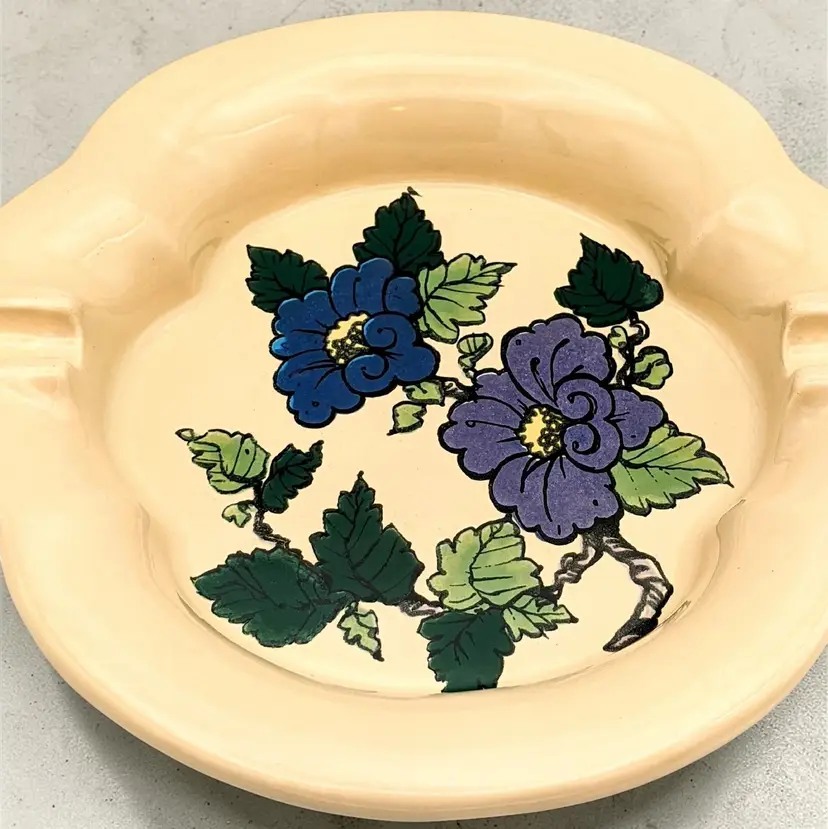 Vintage Haeger Purple Flowers Green Leaves Pottery Ashtray Trinket Dish #2155