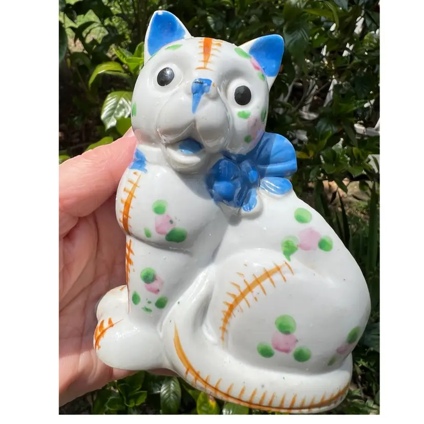 Ceramic Cat Kitty Planter. Stamped Japan On Underside. *Small Ear Chip *. 4 1/2” tall x 4 1/2” length x 2 1/4” width.