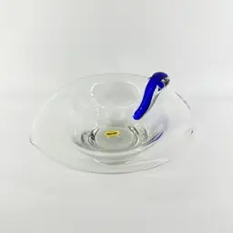 Handmade Kalina Polish Art Glass 10" Decorative Leaf Bowl Applied Cobalt Blue Band