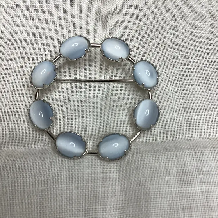 Vintage Sterling Silver Blue Moonstone Cabochon Round Circle Pin Brooch