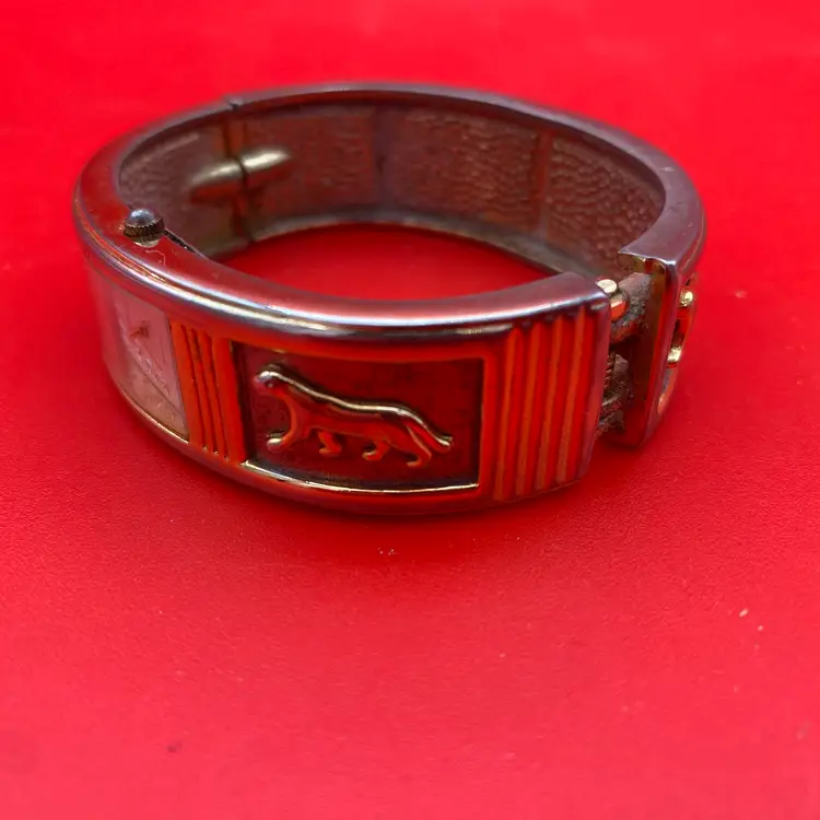 Gruen Women's Gold/Silver-Tone Panther Pattern VTG Stainless Steel Hinged Watch