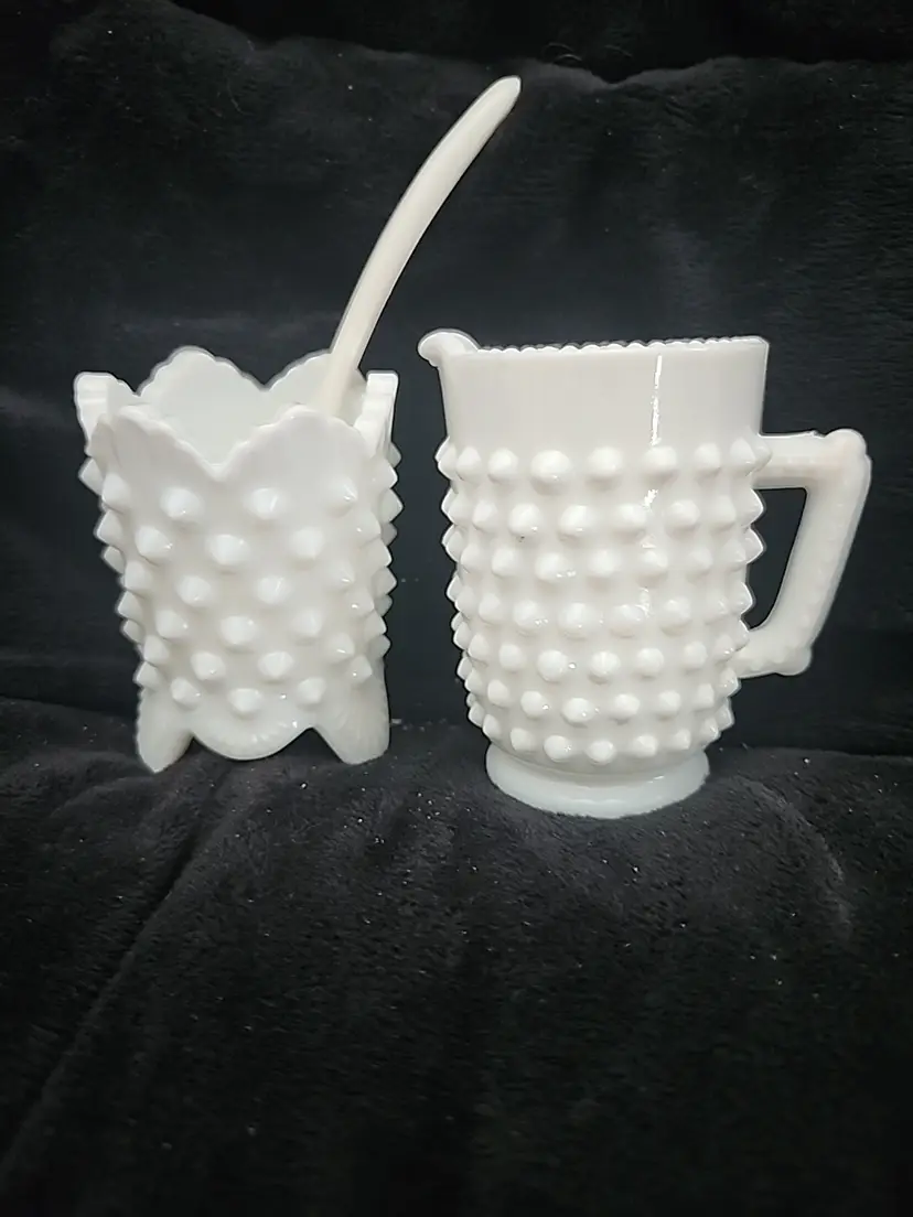 Vintage Hobnail Milk Glass Creamer & Sugar Set