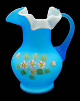 Fenton for LG Wright Blue Satin Cased Glass Pitcher Hand Painted Flowers Signed
