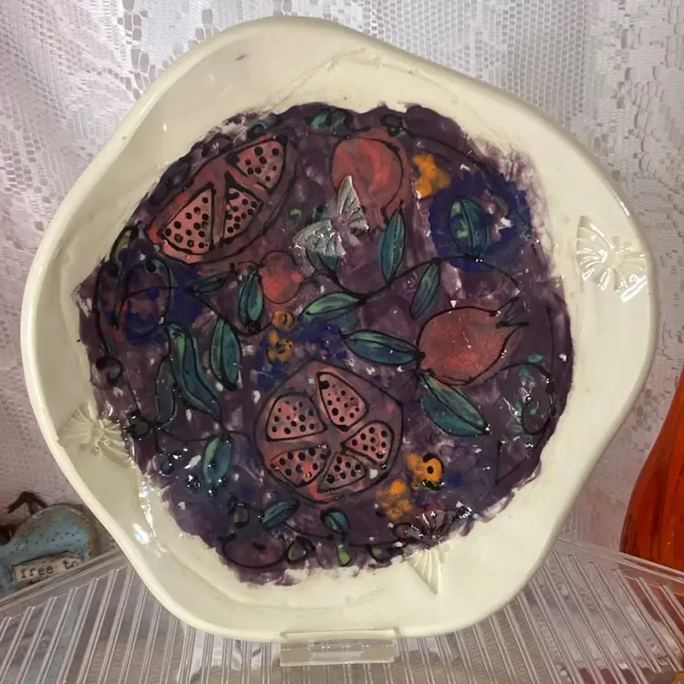 Hand Thrown Plate With Fruit And Imprinted Butterflies, 8.5x2