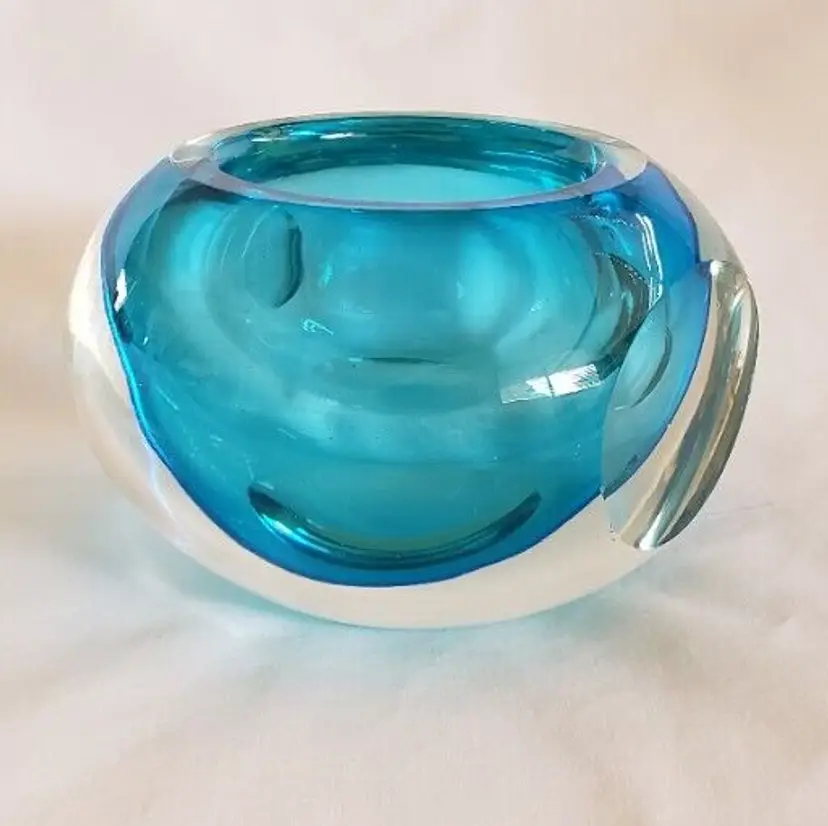 Art Glass Candle Votive Holder Fifth Avenue Crystal Aqua Blue & Clear