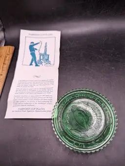 Vintage Pairpoint Cup Plate In Green Glass Woodpecker Design.