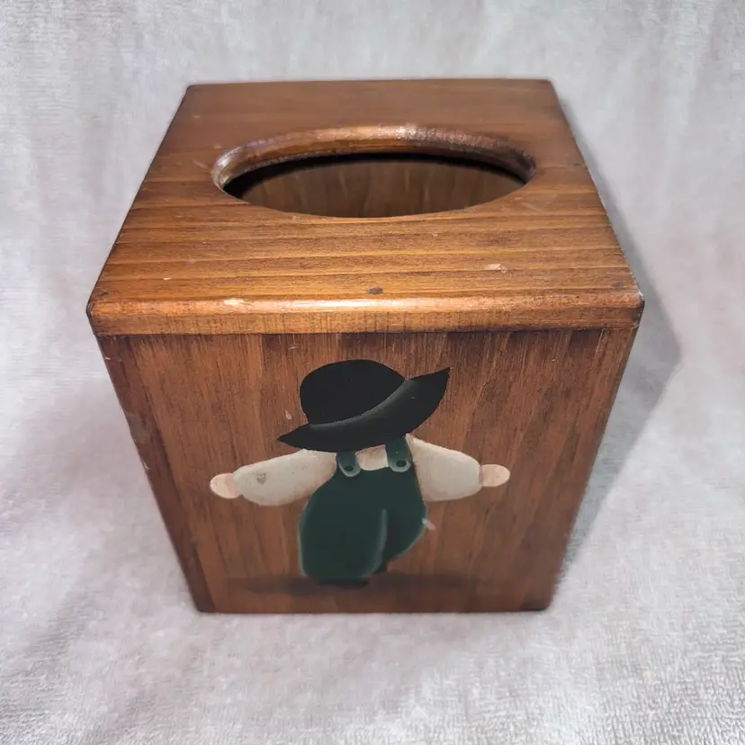 Vintage Wooden Square Tissue Box Cover Hand Painted Amish Kids