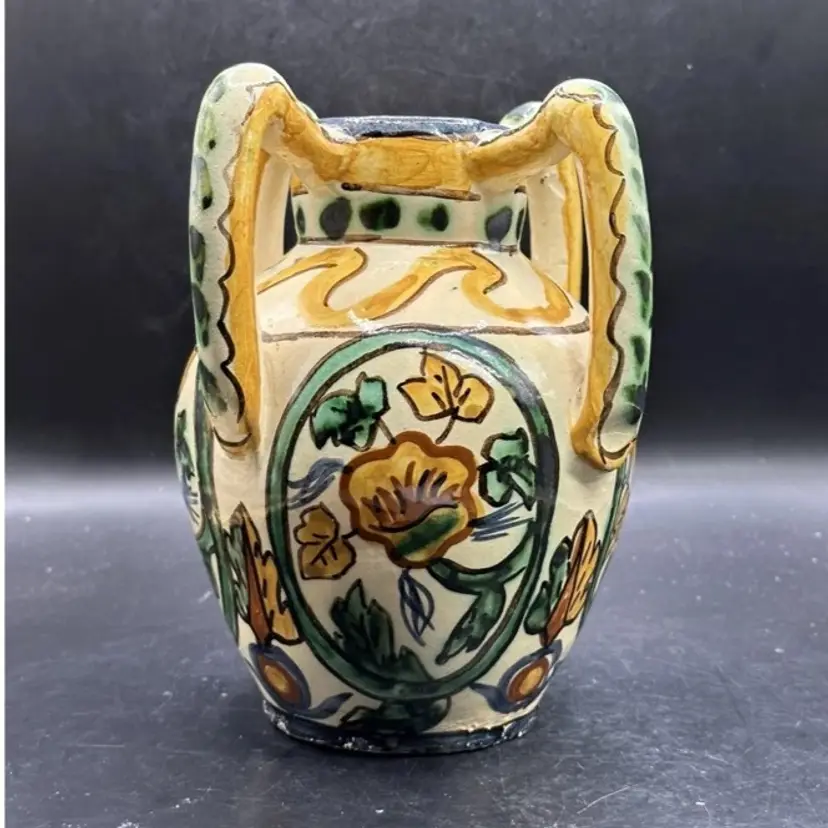 Vtg Italy 4 Handle Redware Pottery Vase Hand Painted Yellow Floral Sign ASSIS’’