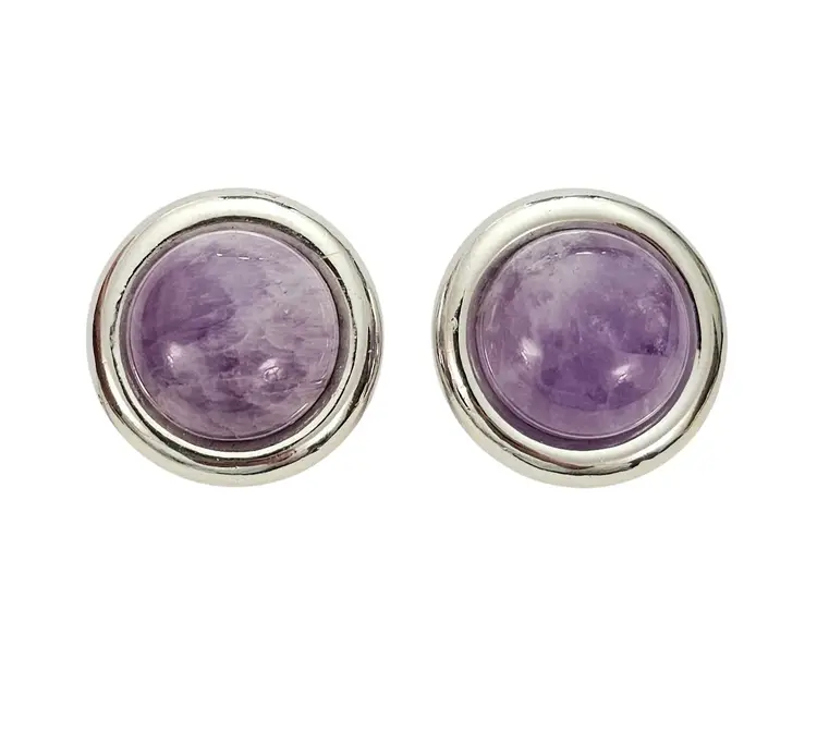 Silver Tone Round Domed Purple Amethyst Clip On Earrings