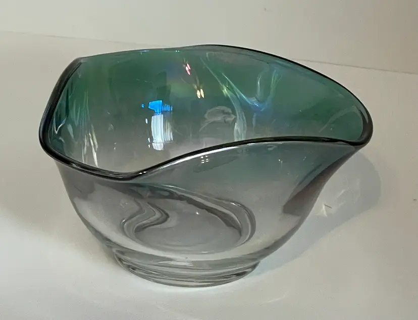 Vintage Teal Ombré Lusterware glass wave bowl Triangular Shaped Candy Dish 
