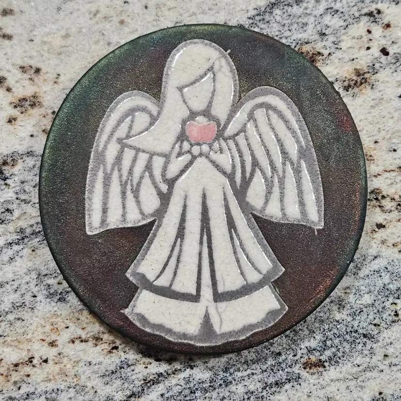 Handmade Signed Angel Heart Raku Pottery Coaster