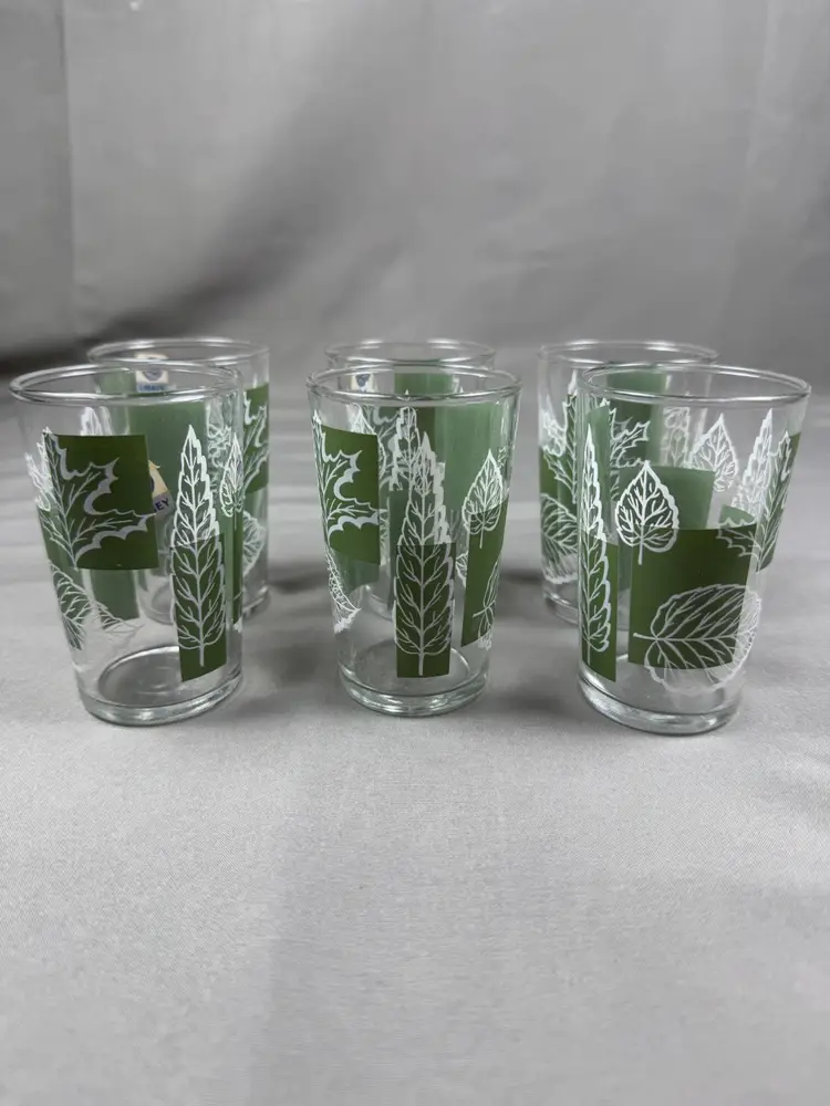 Vintage Libbey Autumn Leaf Green & White Juice Glasses Set of 6