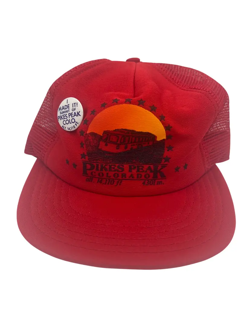 Vintage Pikes Peak Colorado Mesh Trucker Hat Prairie Mountain Snapback Red USA