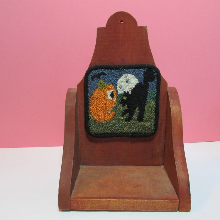 vintage wooden shelf Halloween punch needle black cat, jack o lantern and moon crafted decor