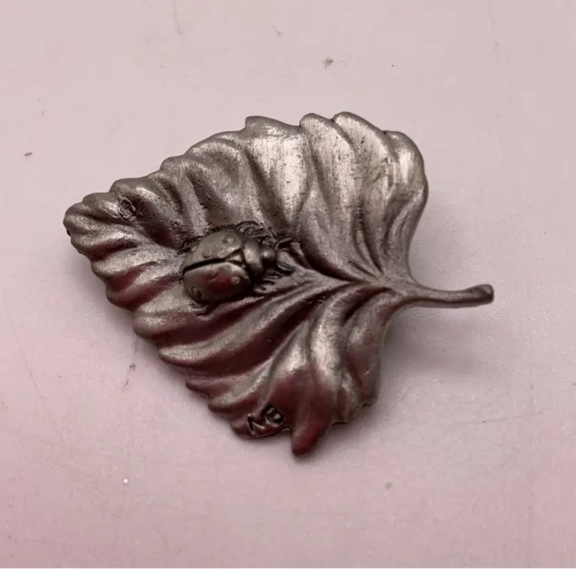 MANIC Ladybug on a Leaf Pewter Brooch 1.25” Signed MB?