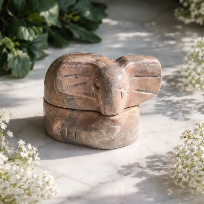 Hand Carved Soapstone Sculpture Elephant Trinket Box, 6" x 3"