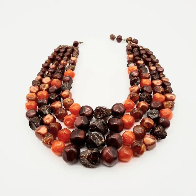 4 Strand Beaded Statement Necklace Brown Orange Copper Gold Metallic Fleck