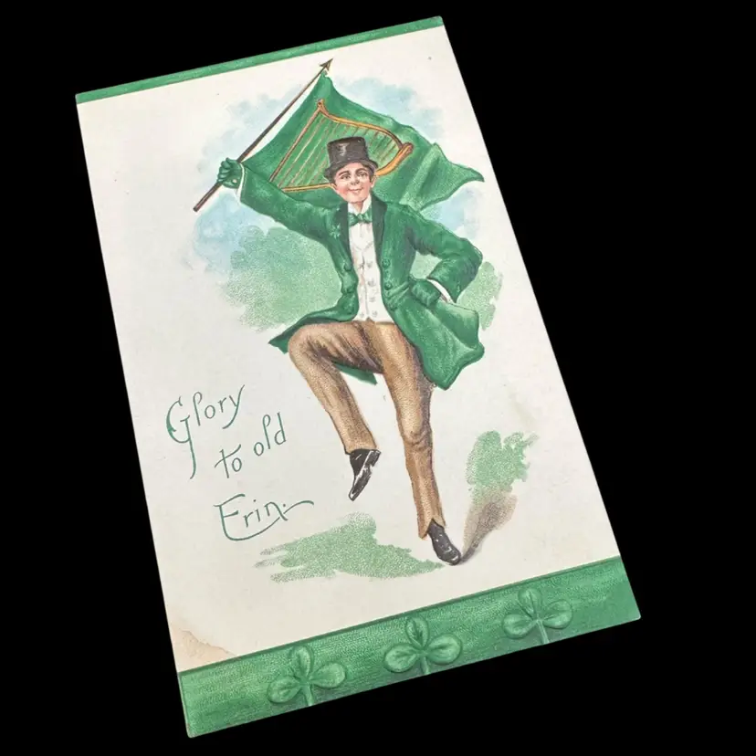 “Glory To Old Erin” Lad With A Flag And A Harp Antique St. Patrick’s Day Postcard