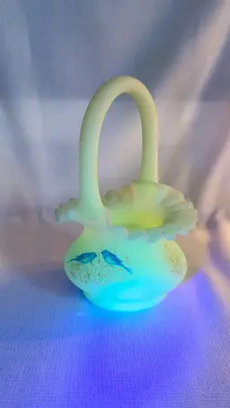 Vintage Fenton Burmese Uranium Glass Basket With Hand Painted Bluebird Design