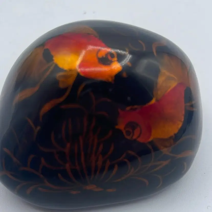 Ten Thousand Villages Lacquer Hand Painted River Rock Koi Goldfish Paperweight