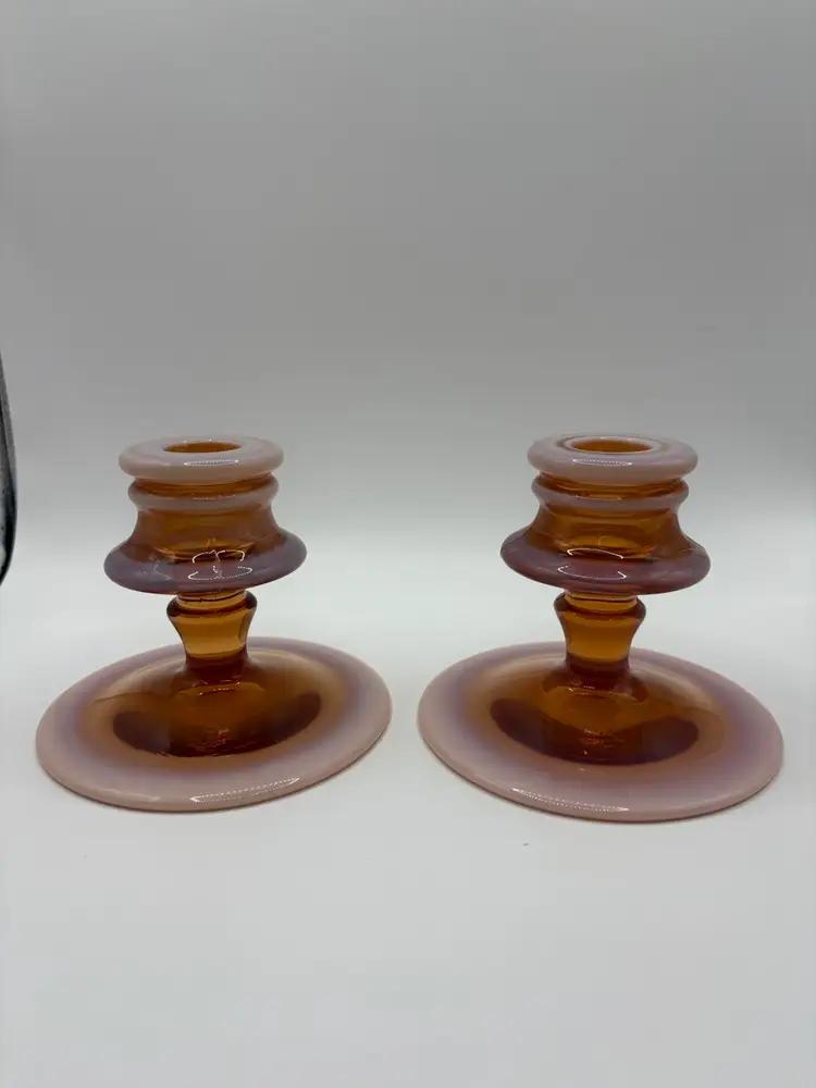 Fenton Amber And Milky Pinkish White Opalescent Pair Of Glass Candle Holders