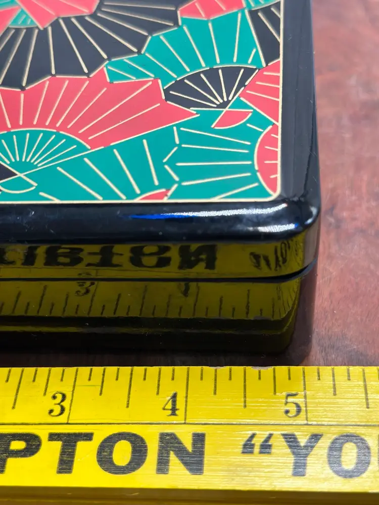 Asian Lacquer Trinket Vanity Jewelry Secret Lidded Box Fans Lacquerware
