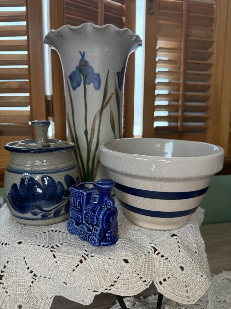 Lakeside Blues Vignette 
Iris, Vase Striped Ransbottom , Artisan Sugar Dish In Blue, Off White Doile, Ceramic Train Toothpick Holder