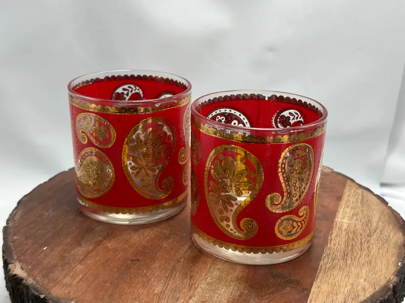 Vintage MCM Culver Red Gold Paisley Whiskey Low Ball Glasses Set of 2 MCM Barware Hollywood Regency Barware