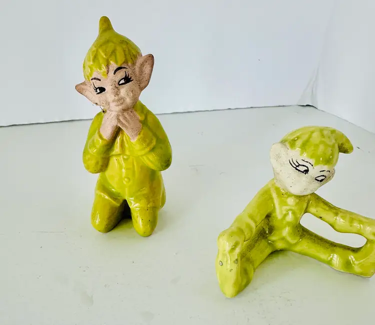 SALE! Pixie Elves Gilner Hand Painted Light Green Set of 2 California Vintage 1950’s