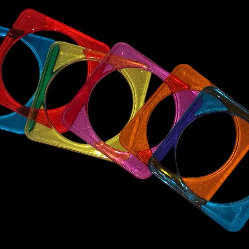 6 Vintage Mid Century Mod Acrylic Lucite Square Bangle Bracelets Multi Colors